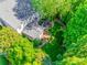 Aerial perspective of the home's backyard, showcasing a stone patio with a fire pit, screened porch, and lush landscaping at 1020 Forbishire Dr, Matthews, NC 28104