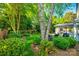 Private backyard oasis featuring a screened-in porch, stone patio with a fire pit, lush greenery, and mature trees at 1020 Forbishire Dr, Matthews, NC 28104