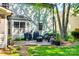 Outdoor patio with grilling area, stylish seating, and a cozy fire pit perfect for entertaining, set against a backdrop of greenery at 1020 Forbishire Dr, Matthews, NC 28104