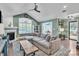 Comfortable living room featuring a fireplace, fan, large windows, and elegant furnishings at 1328 Somersby Cir, Gastonia, NC 28054