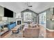 Spacious living room with vaulted ceilings, fireplace, large windows, and stylish modern furniture at 1328 Somersby Cir, Gastonia, NC 28054