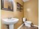 Bathroom with pedestal sink, toilet, and dark gold painted walls at 160 17Th Street Nw Pl, Hickory, NC 28601