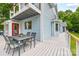 Back porch with blue siding, black metal table set and red exterior doors at 18028 Broken Woods Rd, Charlotte, NC 28278