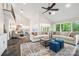 Spacious living room with a vaulted ceiling, stone fireplace, and large windows, ideal for entertaining and relaxation at 18028 Broken Woods Rd, Charlotte, NC 28278