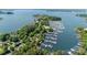 Aerial view of a scenic marina with numerous boats docked along the waterfront surrounded by lush greenery at 18705 Harbor Light Blvd, Cornelius, NC 28031