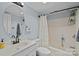 Bathroom with toilet, shower and vanity with black faucet at 222 Riverview Ter, Clover, SC 29710