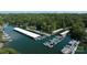 Aerial view of covered boat docks on the lake surrounded by lush green forest at 27037 Tidal Way, Tega Cay, SC 29708