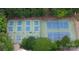 Aerial view of multiple tennis and pickleball courts surrounded by lush green trees in a private community at 27037 Tidal Way, Tega Cay, SC 29708