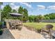 Backyard with patio, dining table and umbrella, beautiful landscaping and fire pit area at 4711 Sunburst Ln, Charlotte, NC 28213