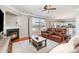 Bright living room with fireplace, plush leather seating, and view into the kitchen at 4711 Sunburst Ln, Charlotte, NC 28213