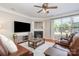 Comfortable living room featuring a fireplace, hardwood floors, and a large window overlooking the yard at 4711 Sunburst Ln, Charlotte, NC 28213