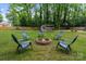 Picturesque backyard with a fire pit area, lush lawn, mature trees, and a covered patio at 1014 Vandalia Dr, Charlotte, NC 28212