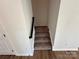 Carpeted staircase with a dark handrail connects floors, complemented by light walls and wood flooring at 1563 Riverview Cir, Fort Lawn, SC 29714
