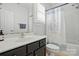 Bathroom with a white vanity, shower with a patterned curtain and white privacy blinds at 201 Mills Ln, Fort Mill, SC 29708