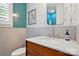 Stylish bathroom features white penny tile wainscotting with teal vertical tile and a geometric patterned accent wall at 201 Mills Ln, Fort Mill, SC 29708