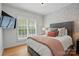 Comfortable bedroom showcasing a luxurious gray headboard and complementing wallpaper for a relaxing ambiance at 201 Mills Ln, Fort Mill, SC 29708