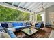 Cozy outdoor living area with comfortable seating, a ceiling fan, and views of the surrounding greenery at 201 Mills Ln, Fort Mill, SC 29708