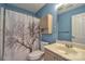 Well-lit bathroom with a sink, toilet, and a shower with decorative curtain at 330 Kilmer Ln, Mooresville, NC 28115