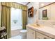 Bathroom featuring a shower/tub combo, vanity, and decor at 404 St Lukes Church Rd, Kings Mountain, NC 28086