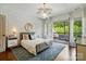 Bright main bedroom features elegant decor, opens onto a charming balcony with seating area at 581 Medora Ln, Fort Mill, SC 29708