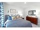 This bedroom features neutral walls, modern decor, and a comfortable bed with stylish blue accents at 151 Rustling Waters Dr, Mooresville, NC 28117