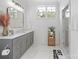 Elegant bathroom with marble floors, sleek vanity, glass shower, and ample natural light at 17416 Gillican Overlook Rd, Davidson, NC 28036