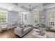 Inviting living room with a comfortable sofa, coffered ceiling and ample natural light from the large windows and doors at 2906 Hillside Springs Dr, Charlotte, NC 28209