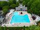 Aerial view of a community pool with a slide, sun loungers and lush landscaping at 3664 Privette Rd, Matthews, NC 28104