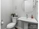 Cozy powder room with pedestal sink, toilet, decorative mirror, and neutral wall color at 3817 Arial Ln # 145, York, SC 29745