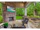 Covered stone patio with outdoor fireplace and seating area overlooking the backyard at 4339 Shannamara Dr, Matthews, NC 28104