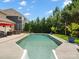 Inviting backyard pool with concrete surround, lush landscaping, and an outdoor dining set for relaxation and entertaining at 5013 Hamilton Mill Dr, Waxhaw, NC 28173