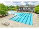 Community pool with sunbathing chairs, a splash pad, and a clubhouse with an outdoor patio at 5025 Kinross Ln, Indian Land, SC 29707
