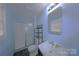 Blue bathroom featuring a walk-in shower, modern sink, and ample natural light from a window at 6124 Coach Hill Ln, Charlotte, NC 28212