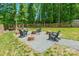 Landscaped backyard area featuring gravel and wooden chairs around a fire pit and stumps at 7728 Shalom Dr, Charlotte, NC 28216