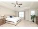 Bright main bedroom featuring a large bed, ceiling fan, and natural light from large windows at 8317 Dallas Bay Rd, Charlotte, NC 28278