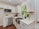 Modern kitchen featuring white cabinets, stainless steel appliances, and a farmhouse sink with backyard view at 1147 Norland Rd, Charlotte, NC 28205