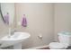 Cozy powder room with pedestal sink, oval mirror, and wood-look flooring at 15131 Oleander Dr, Charlotte, NC 28278