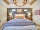 This main bedroom features beautiful ceiling beams, a striking chandelier, and stylish decor at 3089 Founding Fathers Dr, Gastonia, NC 28056