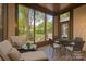 Covered patio with lounge chairs and outdoor dining set overlooking green backyard at 3932 Rounding Run Rd, Charlotte, NC 28277