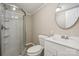 Compact bathroom featuring a shower and vanity with a bright light fixture at 5001 Grand Canyon Nw Rd, Concord, NC 28027