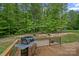 Backyard deck with a grill and fire pit offers a perfect outdoor setting, surrounded by trees and lush greenery at 6171 Willow Farm Dr, Denver, NC 28037