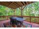 View of a covered outdoor dining area with seating and wooded view at 685 Knollcrest Ne Dr, Concord, NC 28025