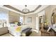Bright main bedroom with decorative lighting fixture, art, and ensuite bathroom at 7324 Jolly Brook Dr, Charlotte, NC 28215