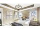 Sunlit main bedroom with tray ceiling, elegant chandelier, and calming color palette at 7324 Jolly Brook Dr, Charlotte, NC 28215