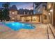 A spacious backyard features a pool, patio, dining area, and lush landscaping at 1118 Seminole Dr, Fort Mill, SC 29707