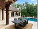 Inviting poolside patio with outdoor dining, lush greenery, and comfortable seating at 1118 Seminole Dr, Fort Mill, SC 29707