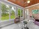 Cozy living room featuring a red brick wall, wood ceiling, and backyard view at 1200 Firethorne Club Dr, Waxhaw, NC 28173