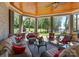 Inviting covered porch with comfortable seating, wood ceiling, and a view of the lush backyard at 143 Jeremy Point Pl, Mooresville, NC 28117