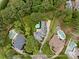 Aerial view of a private estate, highlighting the home's landscaped grounds, pool, and surrounding greenery at 15038 Jockeys Ridge Dr, Charlotte, NC 28277