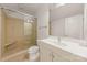Bathroom featuring a glass enclosed shower with a built-in bench and a modern vanity at 15038 Jockeys Ridge Dr, Charlotte, NC 28277